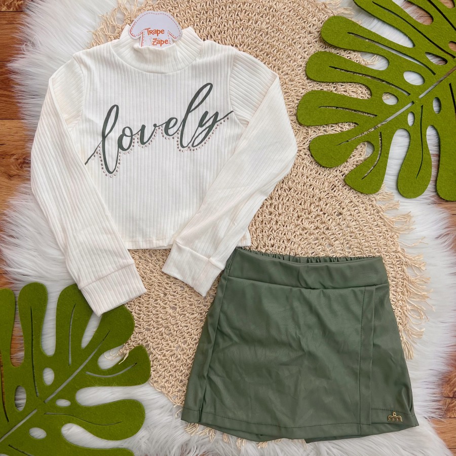 Conj. Blusa Cacharréu Lovely e Short Saia - Off White e Verde Musgo